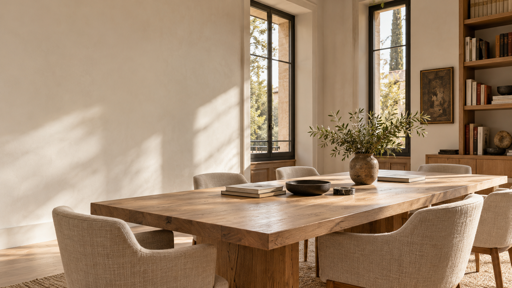 Sala de reuniones con mesa de madera y luz matinal